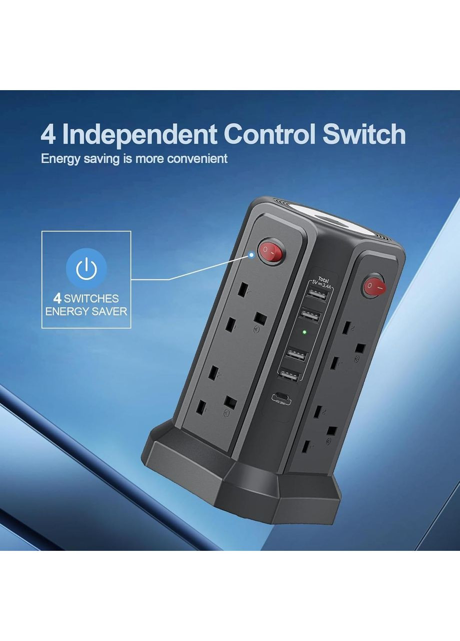 Башенный удлинитель со слотами USB 3м USB 20 Вт с подсветкой (13A 3250 Вт) английская розетка No Brand (356505579)