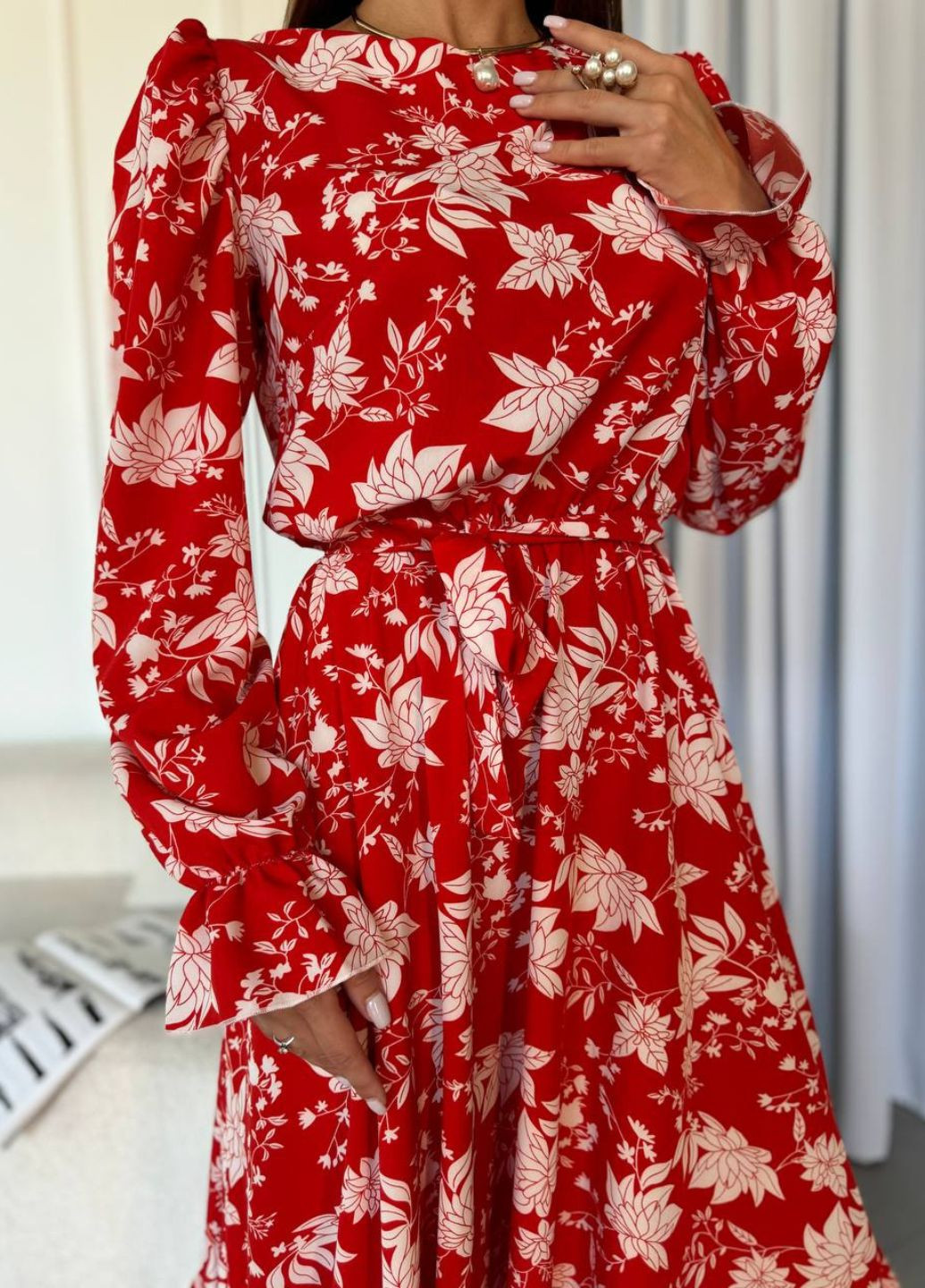 Червона повсякденний, святковий, вечірня трендова міді сукня з довгим рукавом та воланом кльош Україна з квітковим принтом