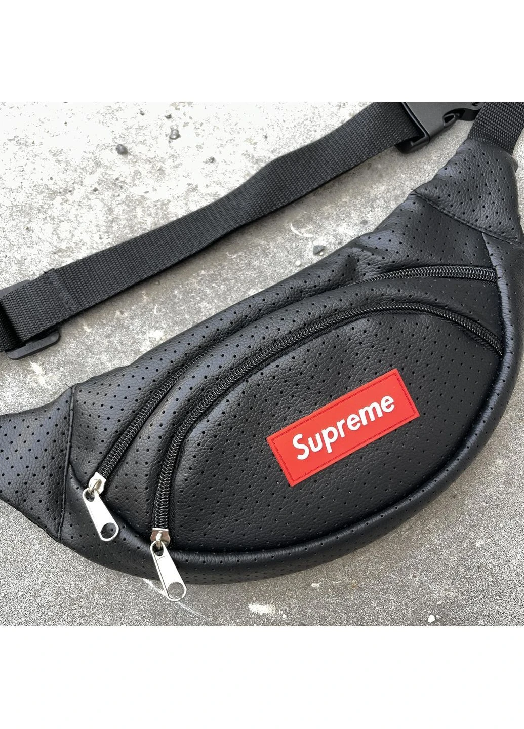Чоловіча сумка бананка чорна Supreme з перфорованої екошкіри поясна через плече нагрудна спортивна брендова No Brand (401239845)