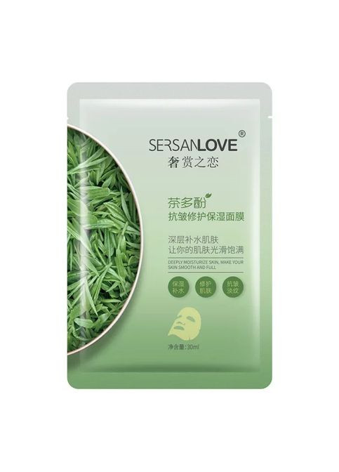 Антивікова тканинна маска для обличчя з поліфенолами зеленого чаю для зволоження та детоксу 30 мл Sersanlove (361865674)