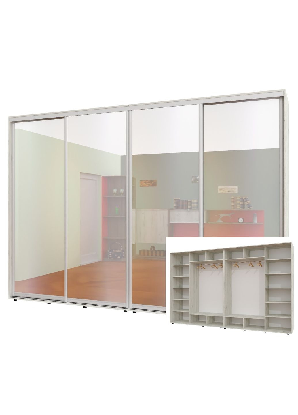 Шафа-купе чотиридверна 350*60*230 см Дуб крафт білий 4 двері Дзеркало ШК-02 Алекса (360474189)