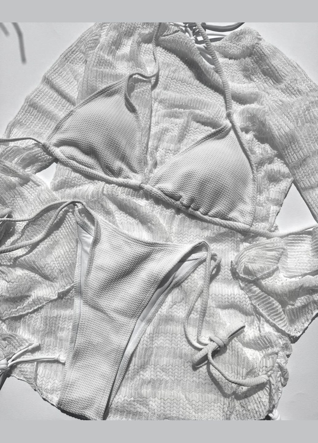 Білий літній жіночий купальник 3в1 бразильське бікіні на завʼязках з тунікою із сітки barbara білий No Brand