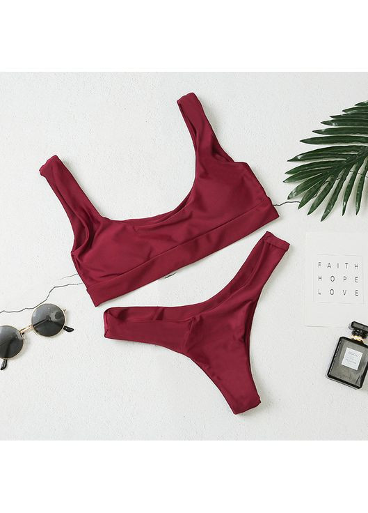 Бордовый летний раздельный женский купальник с лифом и низкими трусиками, бордовый. China