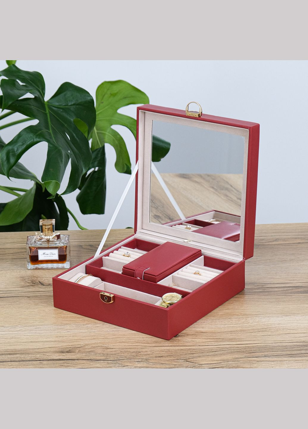 Скринька для прикрас велика з дзеркалом та дорожня шкатулка з екошкіри червона см (JZ-009-3) Гранд Презент (322190859)