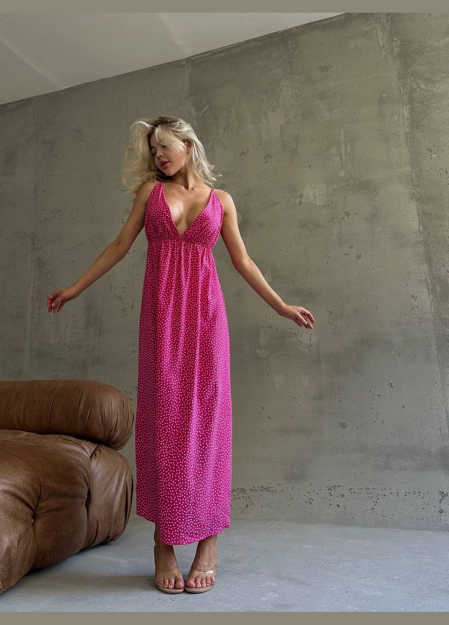 Малинова ніжна малинова сукня-максі в горошок без рукава з відкритим декольте, повсякденне плаття із софту в одному розмірі No Brand в горошок