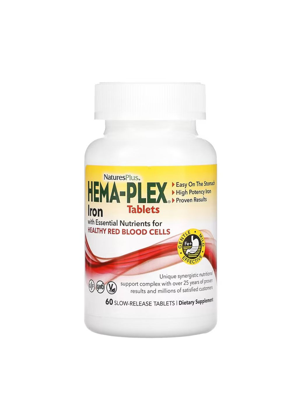 Добавка железа для здоровья крови Hema-Plex 60 таблеток без глютена и ГМО Nature's Plus (367956204)