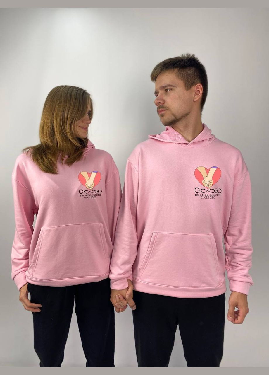 Парні худі з капюшоном без флісу, принт "Вона моє щастя/Він моє щастя", в рожевому кольорі (1077) Hand Made (358896015)
