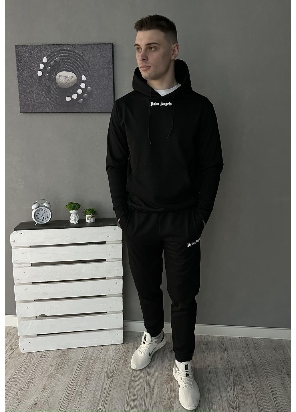 Чоловічий демісезонний спортивний костюм чорний худі + штани (двонитка) No Brand (370022030)