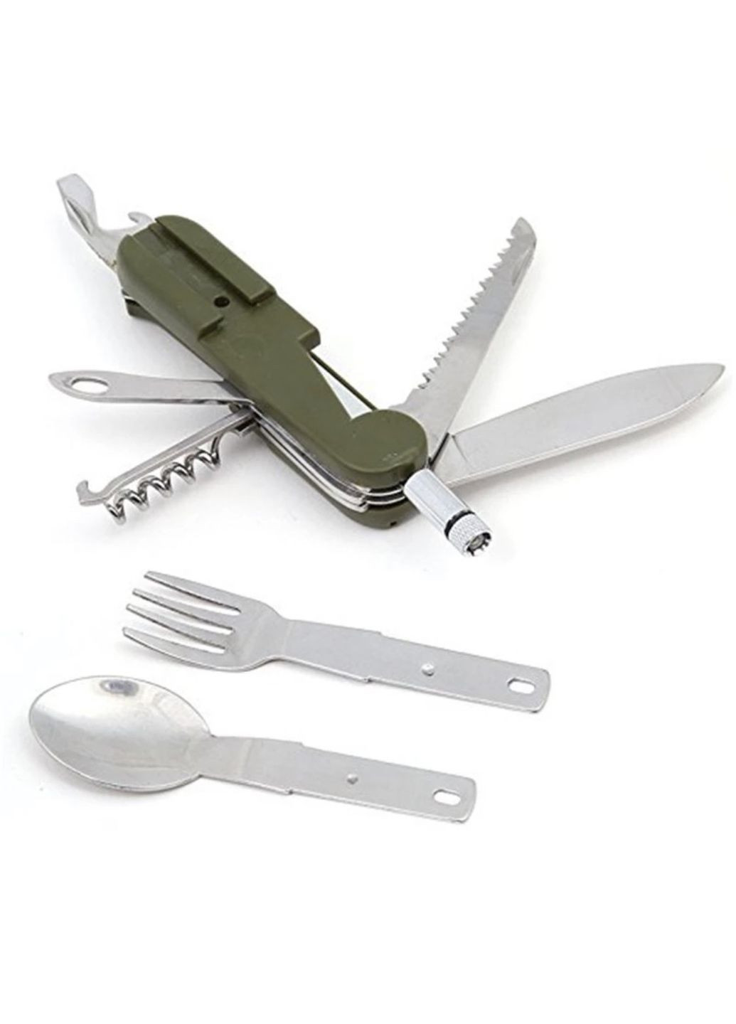 Туристический мультитул, складной набор нож, фонарик 9в1 "MultiTravel" с чехлом (зеленый) China (366890763)