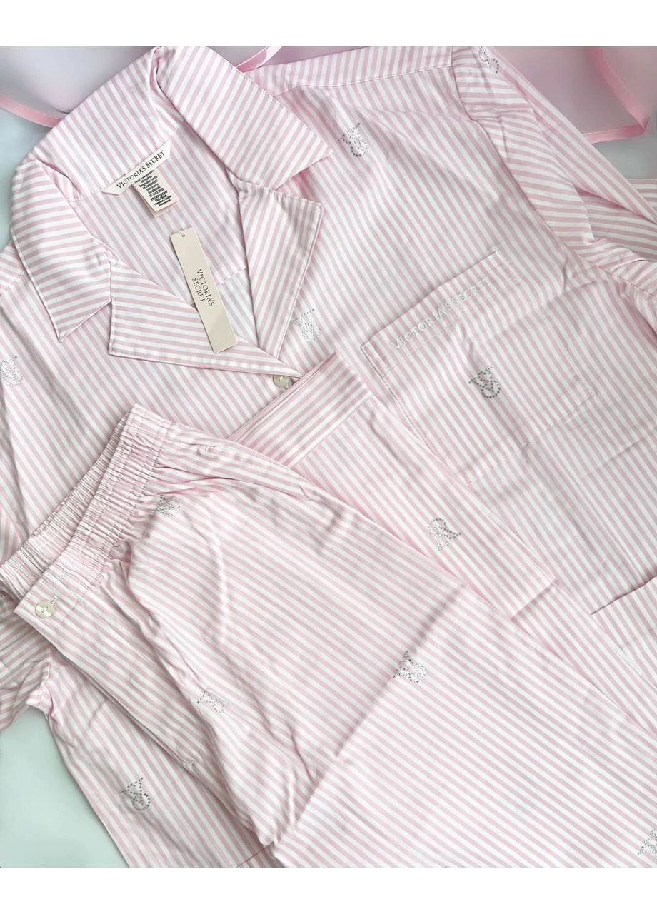 Бледно-розовая пижама хлопчатобумажная виктория сикрет heritage cotton shine oversized long pajama set рубашка + брюки Victoria's Secret