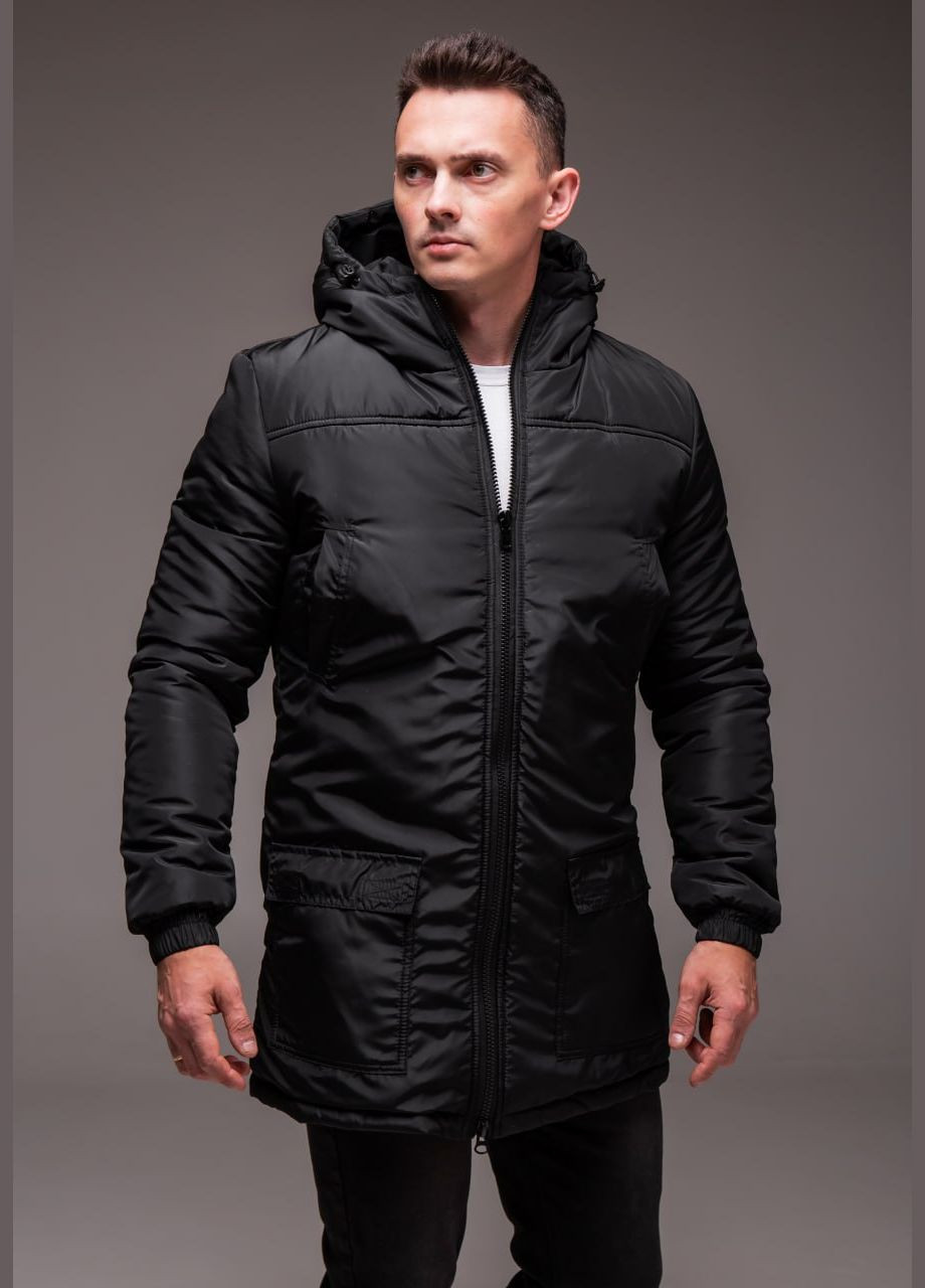 Чорна зимня подовжена утеплена куртка з капюшоном Vakko