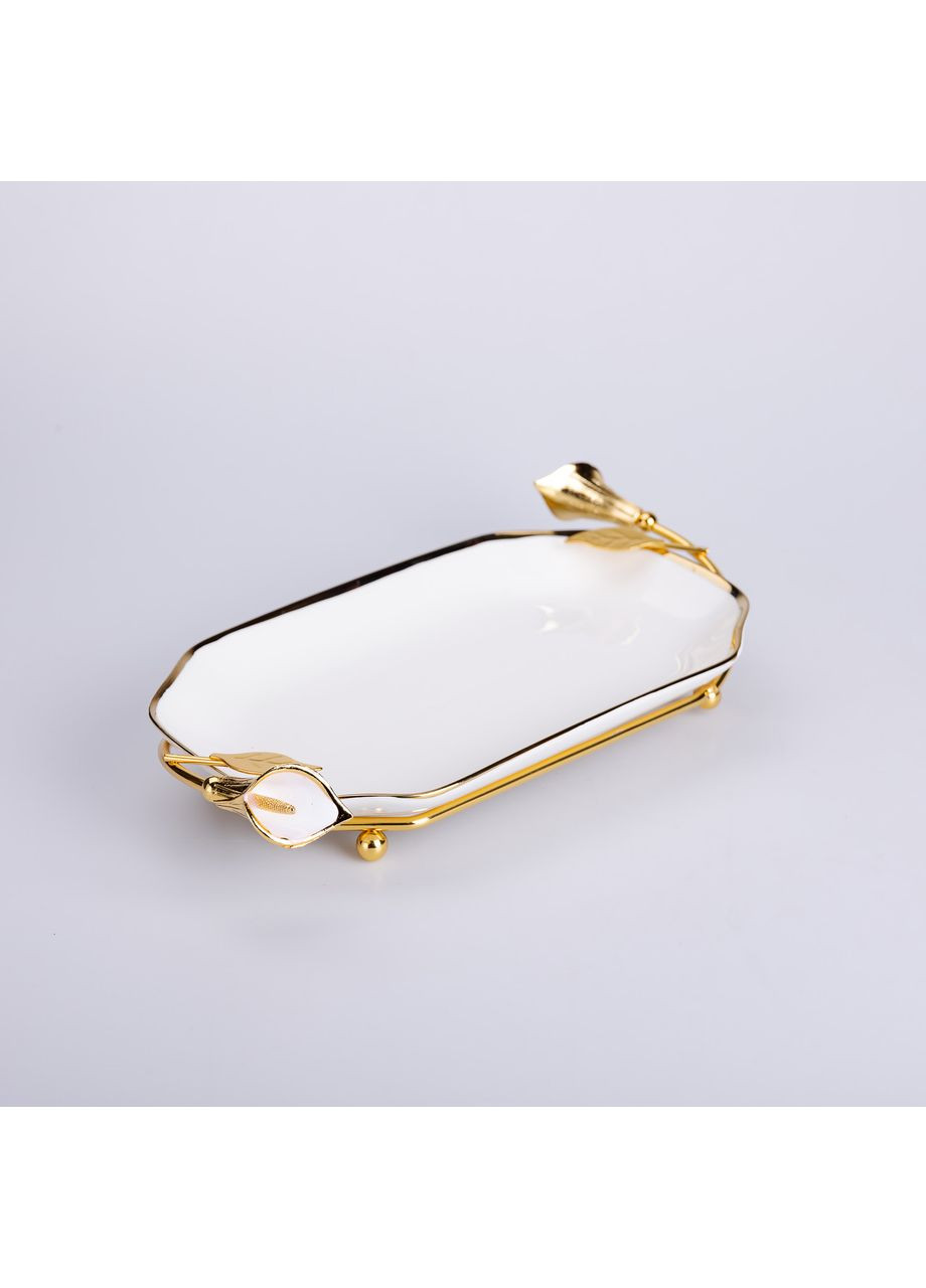 Керамическая фруктовница на подставке 26×15×3.5 см Белая с золотом Yiwu (360455069)