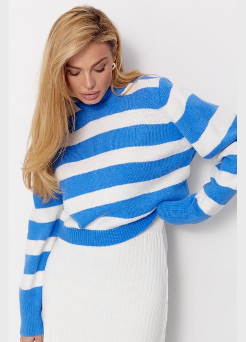 Синий демисезонный женский вязаный джемпер с широкими полосками Lurex