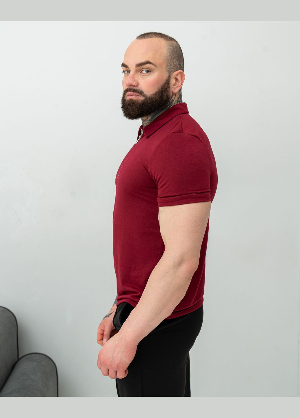 Бордовая футболка-поло мужское на змейке для мужчин No Brand