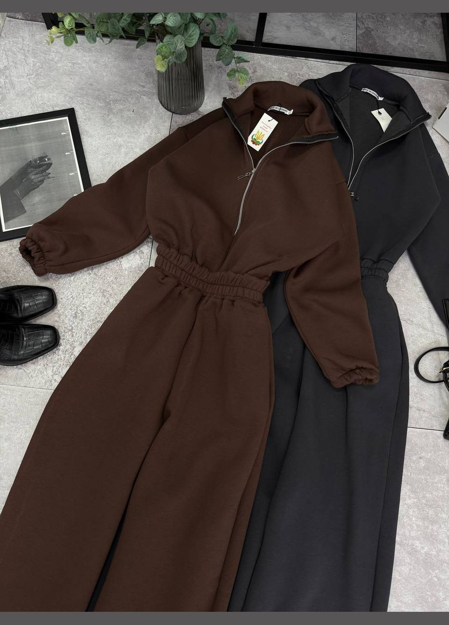 Теплый качественный комбинезон в стиле оверсайз Adelante комбинезон-брюки однотонный коричневый повседневный флис, трехнитка