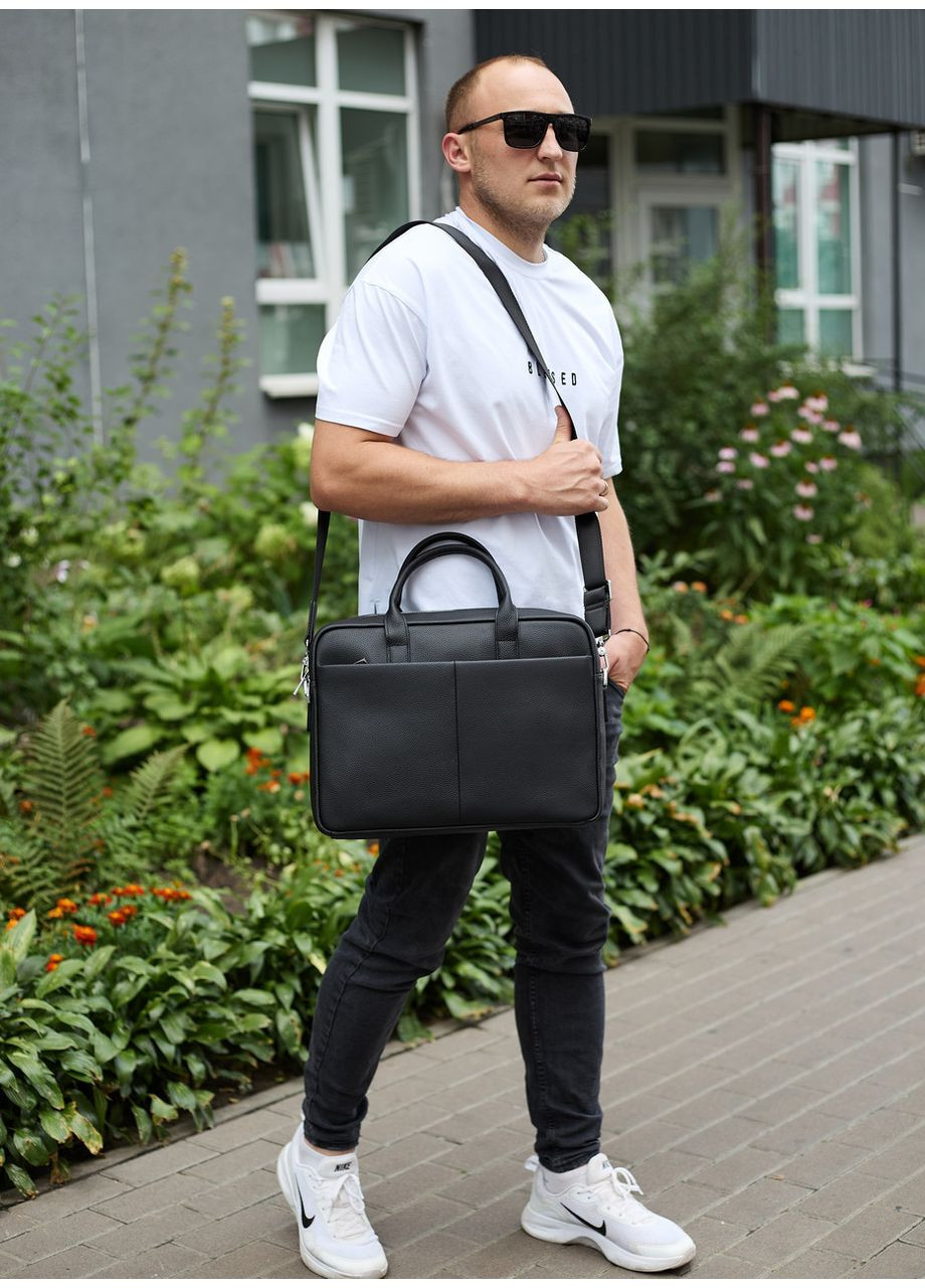 Чоловічий портфель на плече 38х28х8.5, офісний шкіряний месенджер, чоловіча ділова сумка для міста, чорна No Brand (359380808)