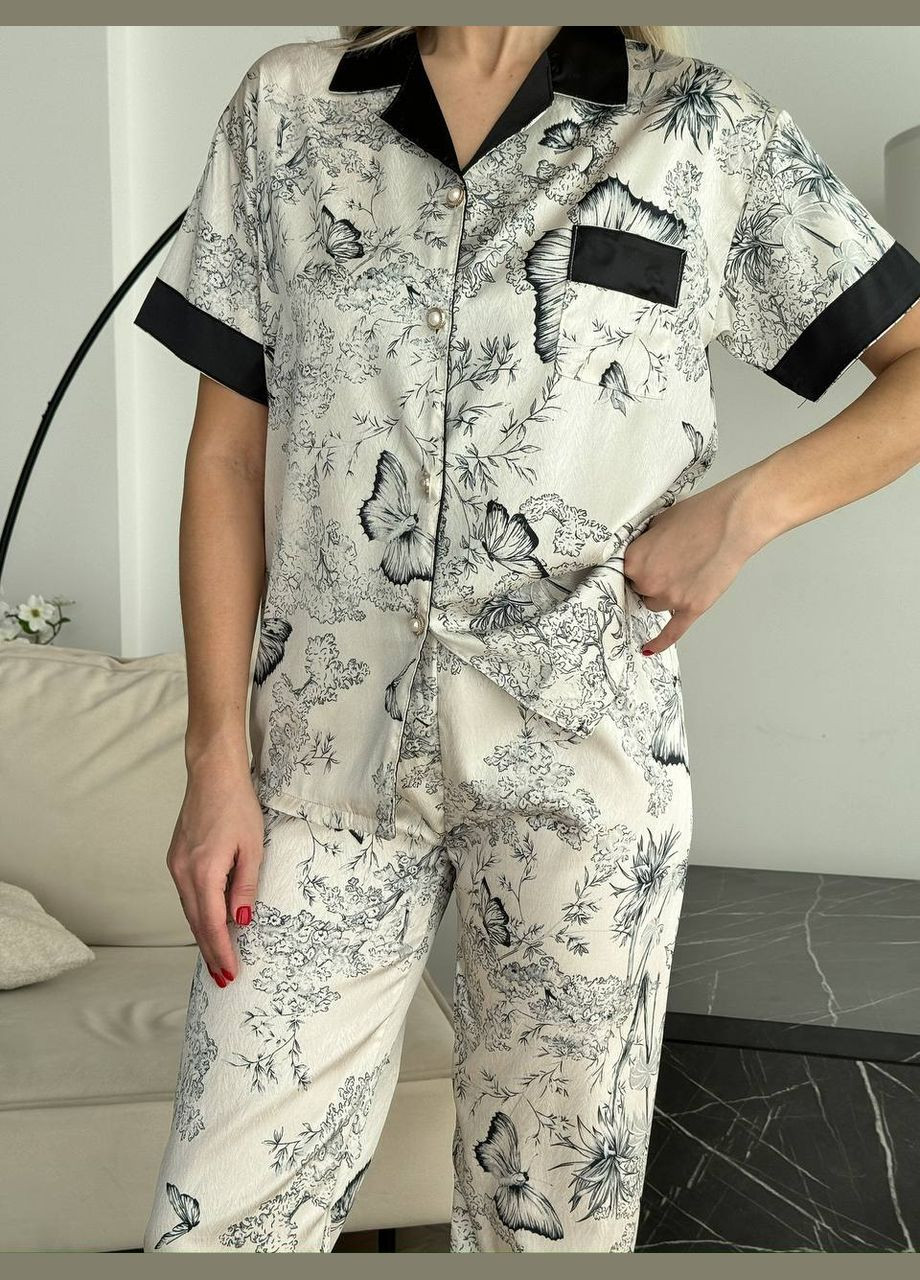 Молочная всесезон стильный домашний костюм пижамка рубашка + брюки Vakko