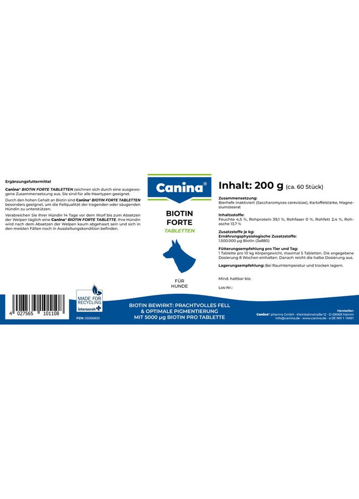 Витамины Biotin Forte Tabletten для собак, интенсивный курс для шерсти, 200 г (60 табл) Canina (355257352)