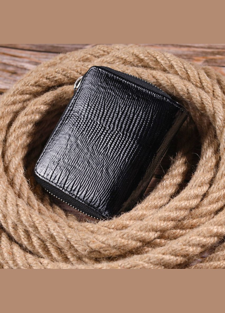 Лакований гаманець для жінок з монетницею на блискавці з натуральної шкіри фактурної 21411 Чорний Karya (329149112)