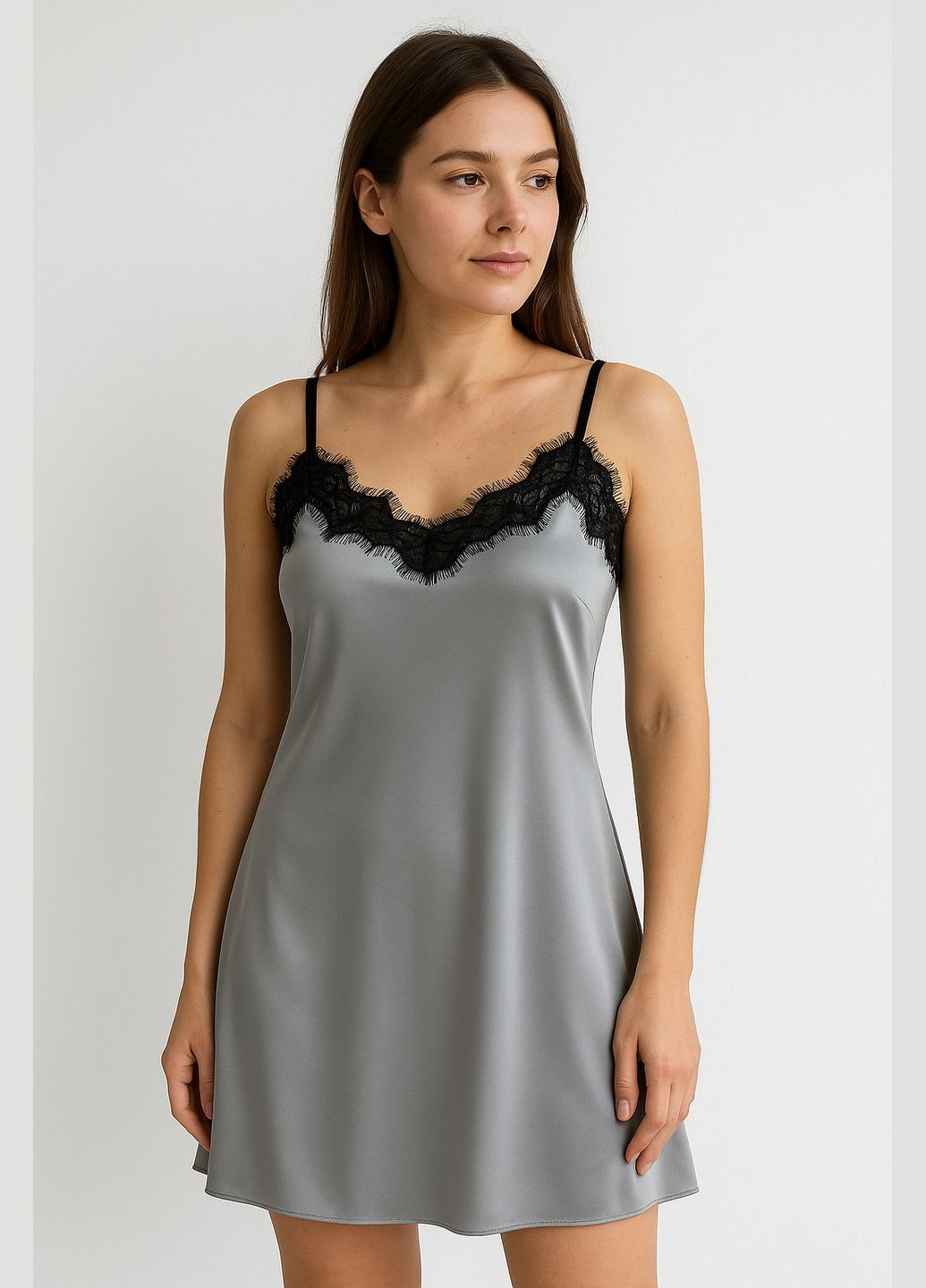 Женская атласная ночная рубашка серая Modashoping (372013220)