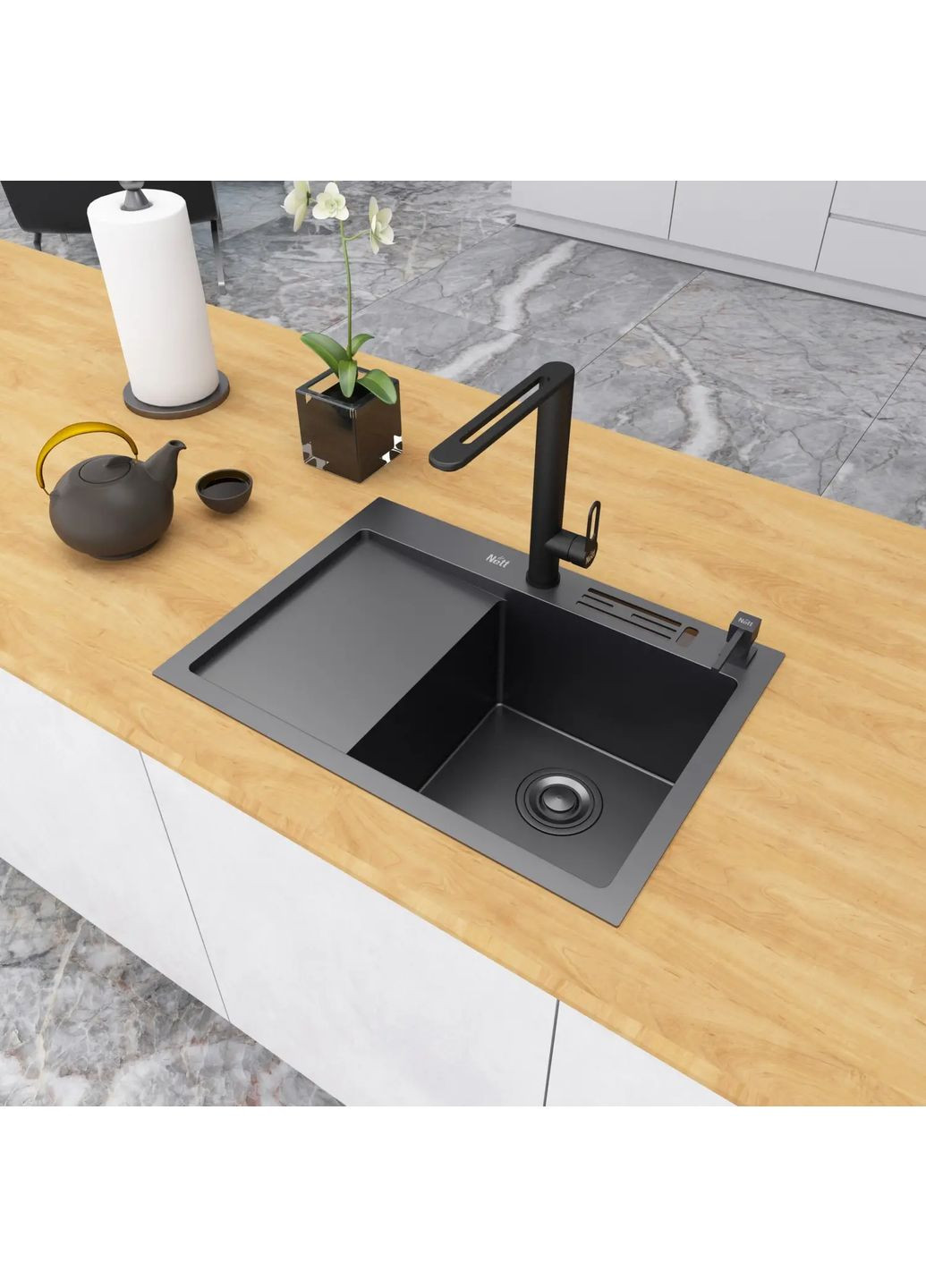 Черная кухонная мойка накладная с левым крылом 1.5 мм NB-6045(L) Nett NB-6045(R) (352730017)