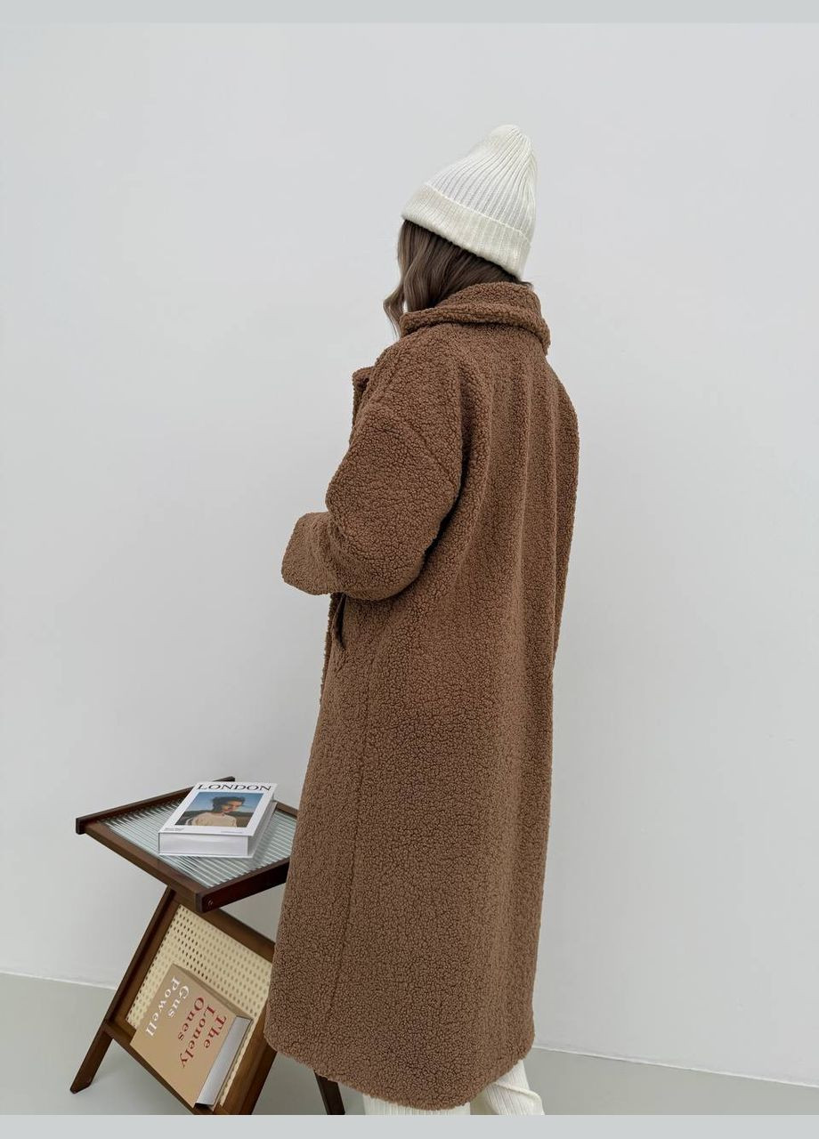 Кофейное демисезонное Теплое пальто из меха Тедди кофейного цвета 30113 No Brand