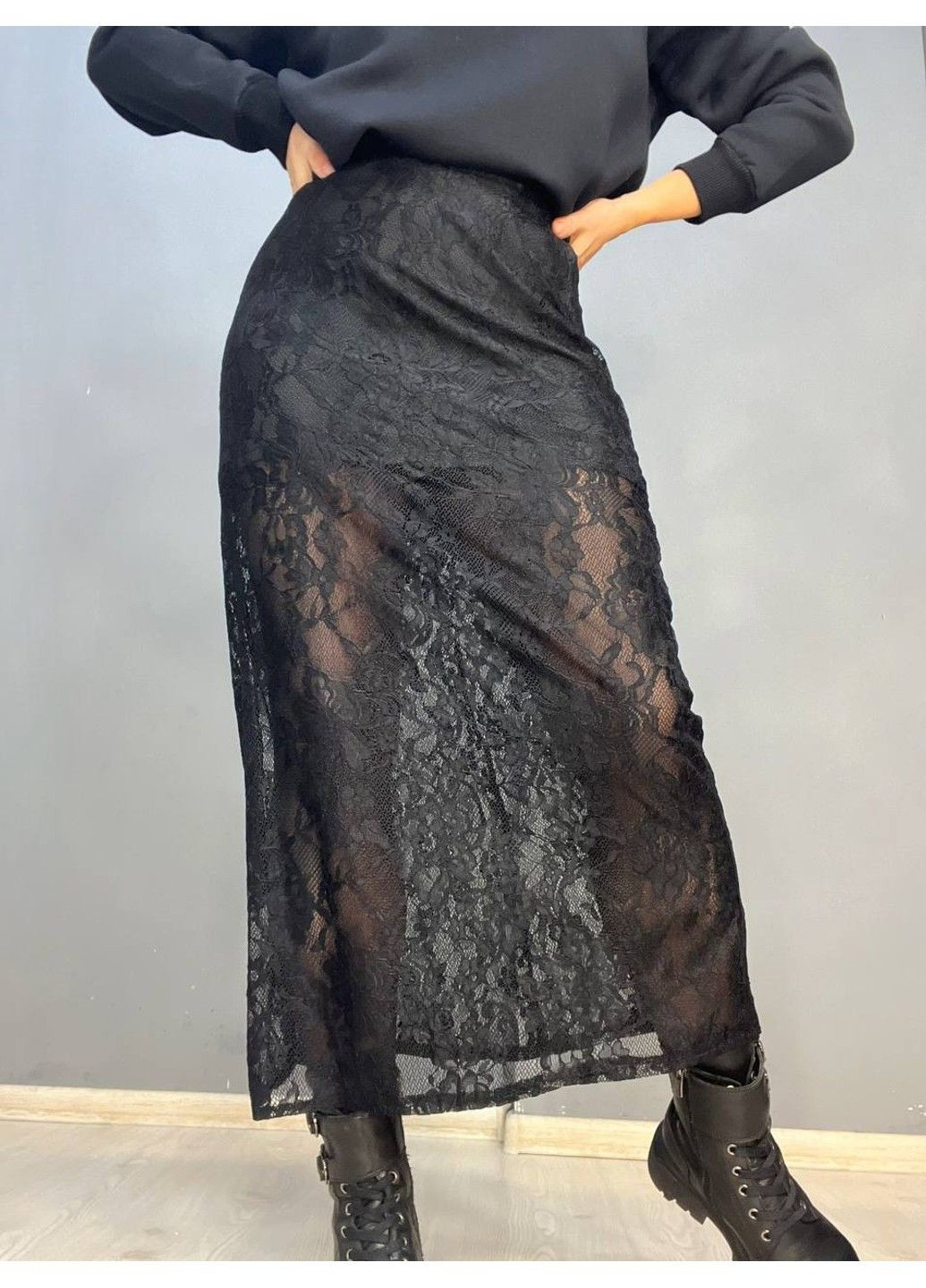 Черная юбка женская shiqi 9313 гипюр прозрачная длинная с подкладкой черная No Brand
