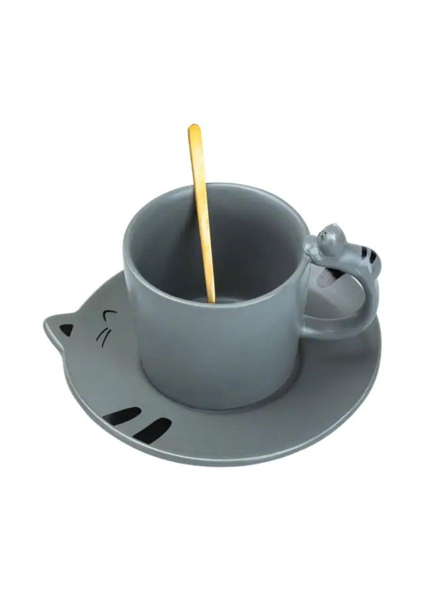 Чашка з блюдцем та ложкою порцелянова 250 мл Кошеня Сіра HP7202G TS Kitchen (370974898)