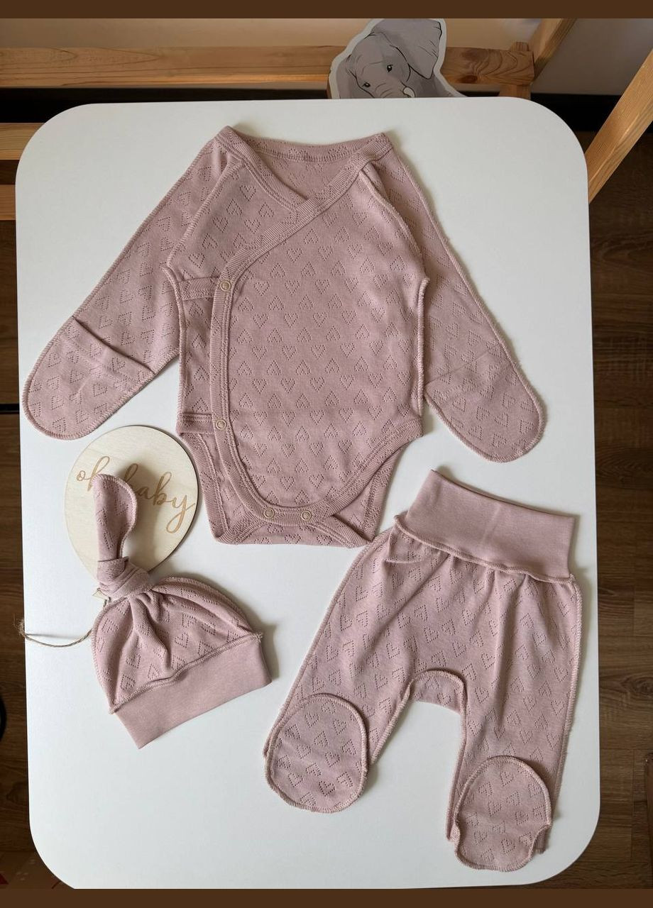 Пудровый демисезонный набор боди, ползунки и шапочка-узелок трансферли Тімі Текс