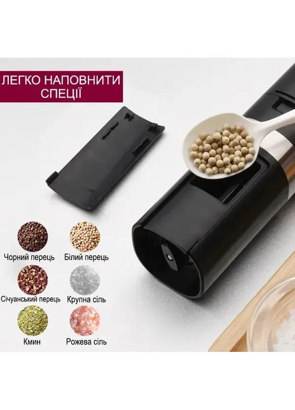 Набір млинів для спецій, перцю, солі / Електромлин від USB з підсвіткою та підставкою Grand (386240578)