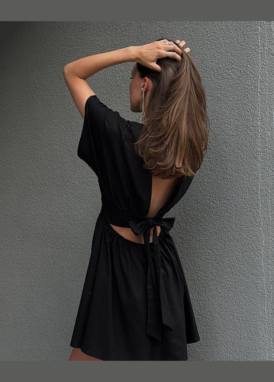 Чорна літня чорна сукня з відкритою спиною з турецького натурального льону No Brand однотонна