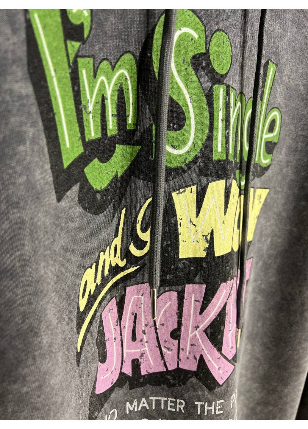 Графітовий худі жіночий a-n 25040 подовжений оверсайз з капюшоном варений тай дай кольоровий напис попереду one size (316806736)