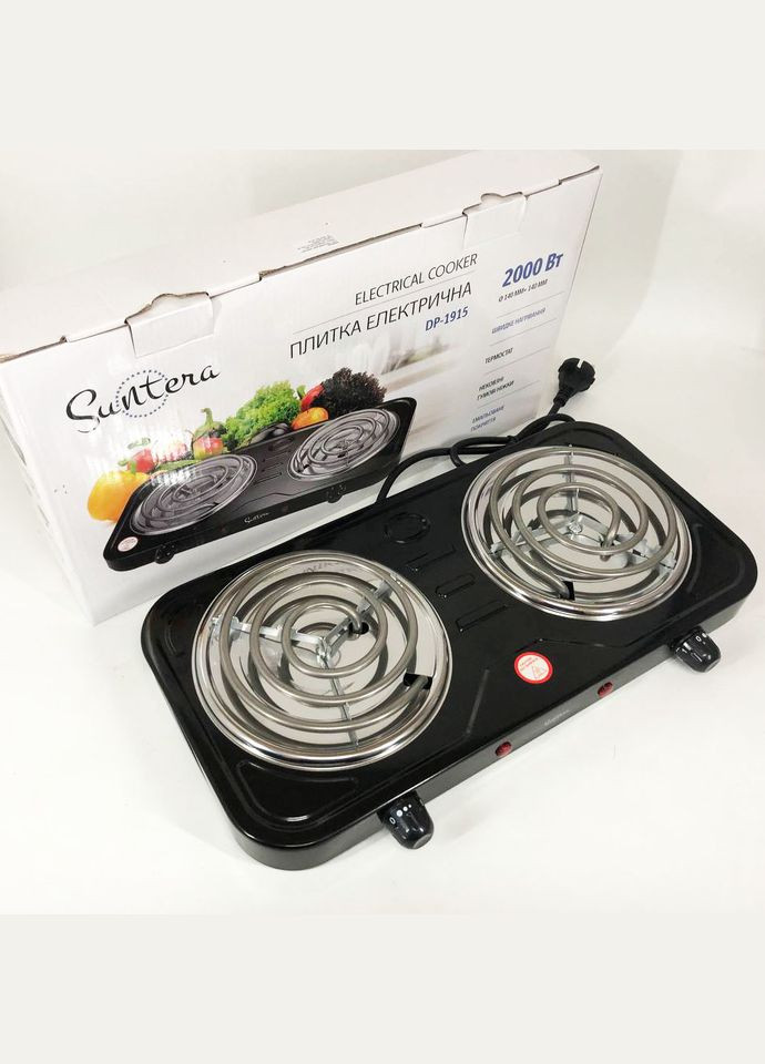Плита електрична DP-1915 2 кВт, електроплита 2 конфорки, двокомфорочна плита. Колір: чорний Suntera (364665068)