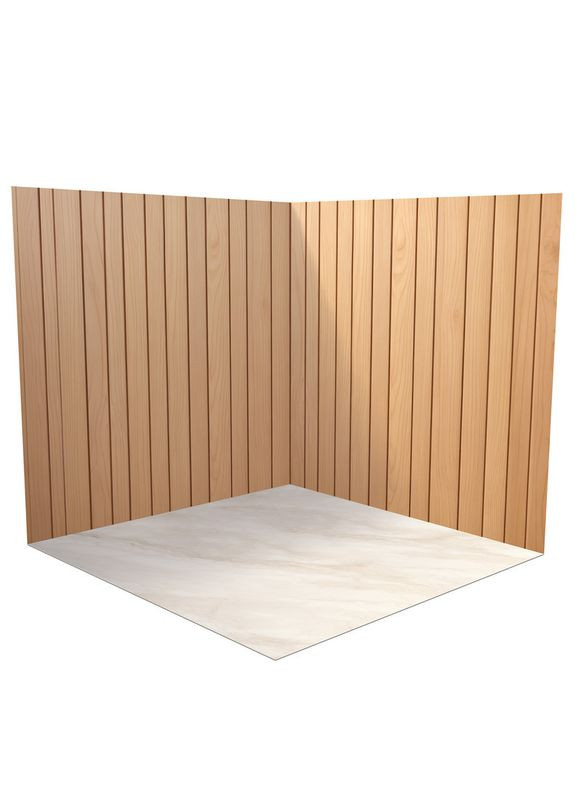 3D кутовий вініловий фотофон, рейкова дерев’яна стіна, підлога світле дерево і бежевий мармур, 80×80 см, №58324 PhotoVinyl (354362782)