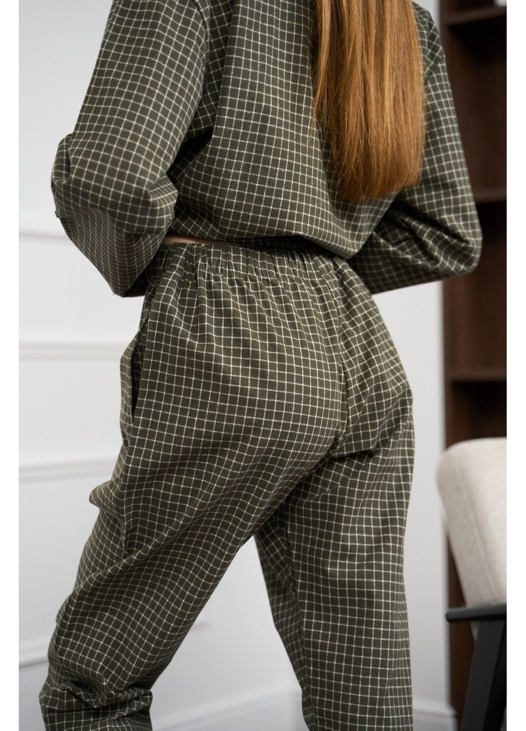 Оливкова піжама жіноча в клітинку фланель soft оливка сорочка + брюки Handy Wear