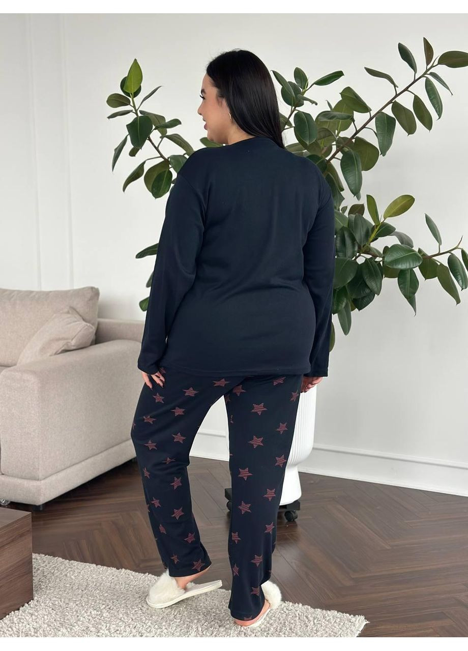 Синяя женская пижама plus size микрофлис темно-синяя, теплая / женская пижама большие размеры из мягкого микрофлиса, длинный рукав No Brand