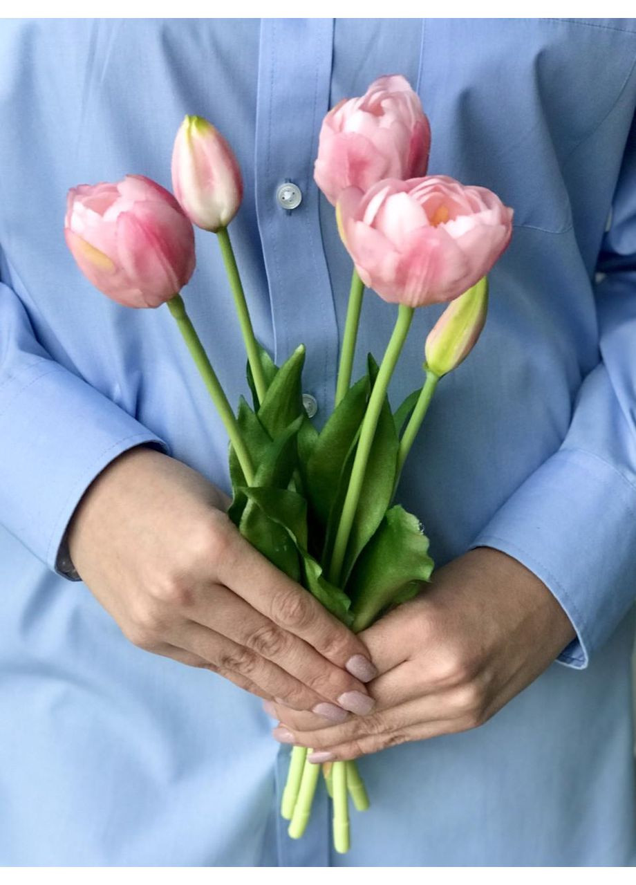 Штучні тюльпани латексні піоновидні ніжно-рожеві, букет 5 квіток Real Touch HVOYA (370161957)