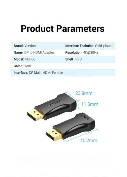 Переходник Display Port (DP) на HDMI 4K/30Hz (Full HD) (HBOB0) Vention (322196695)