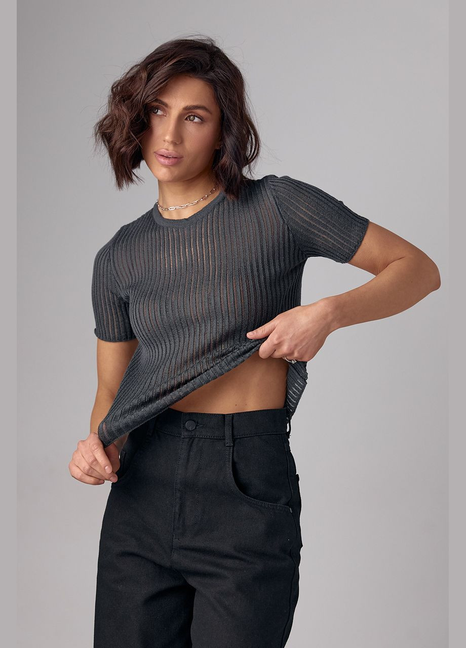 Темно-серая летняя женская футболка с ажурной вязкой 241049 с коротким рукавом Lurex