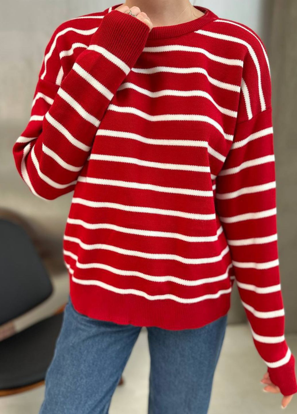 Червоний демісезонний базовий светр в смужку джемпер Україна