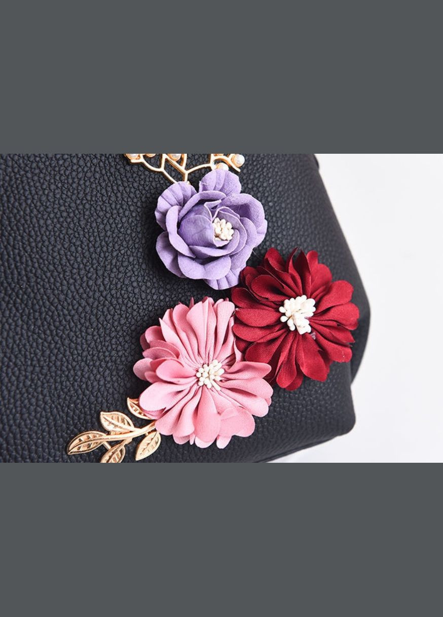 Мини сумочка с цветами и меховым брелком наплечная черная (sku_1250Ч) No Brand (330576399)