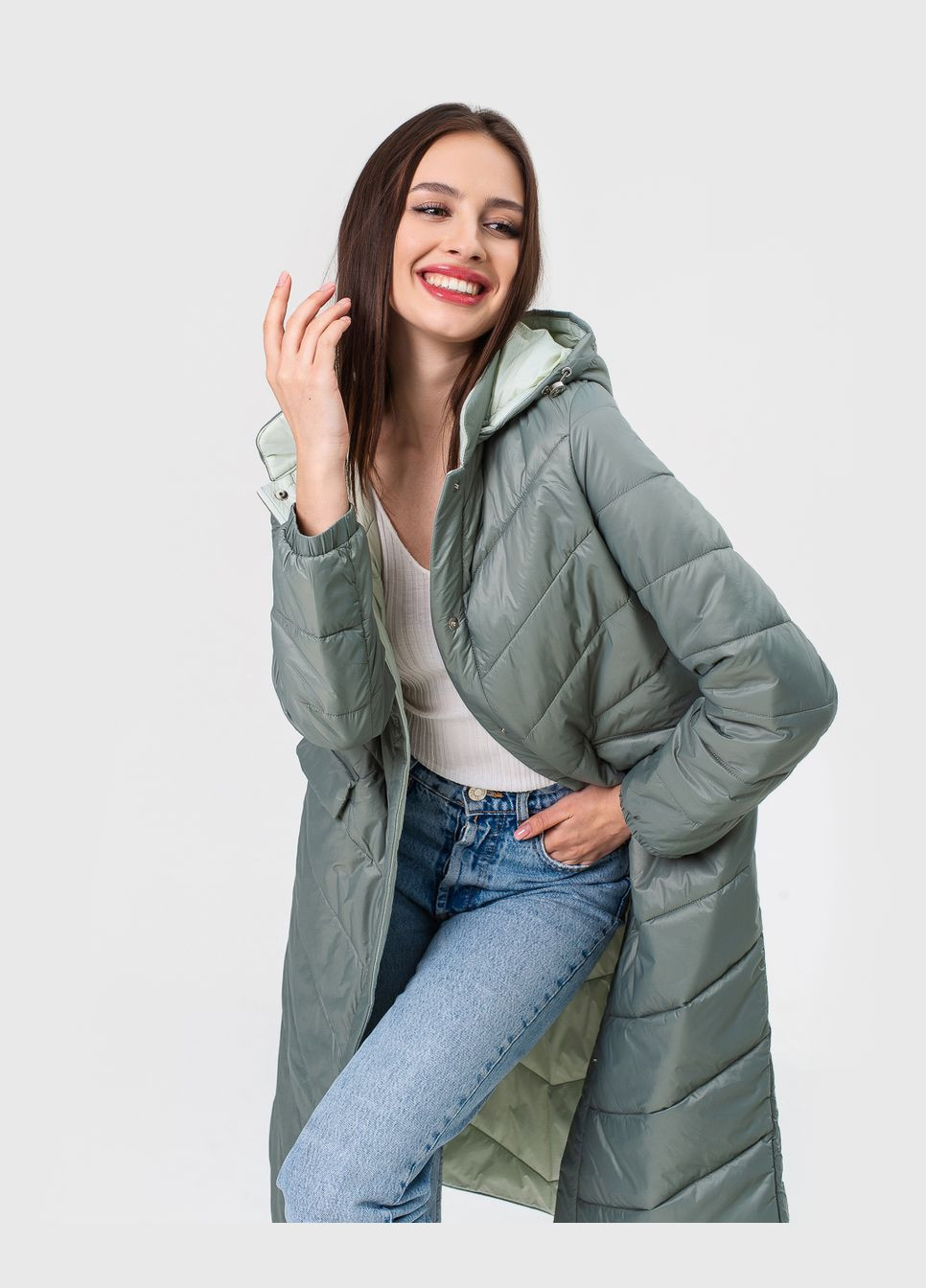 Оливкова стьобане пальто модель Ziai 20494