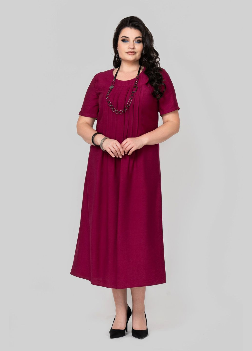 Темно-Фиолетовое платье трапецевидного силуэта из ткани лен бохо по центру застроченные складки all posa (ap102352p) A'll Posa