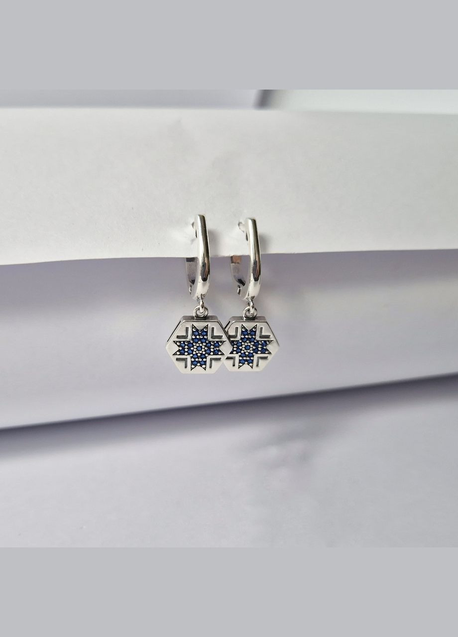 Серебряные серёжки серьги Вышиванка с Синими камнями черненное серебро 925 пробы 82152с 5.34г No Brand (307289206)