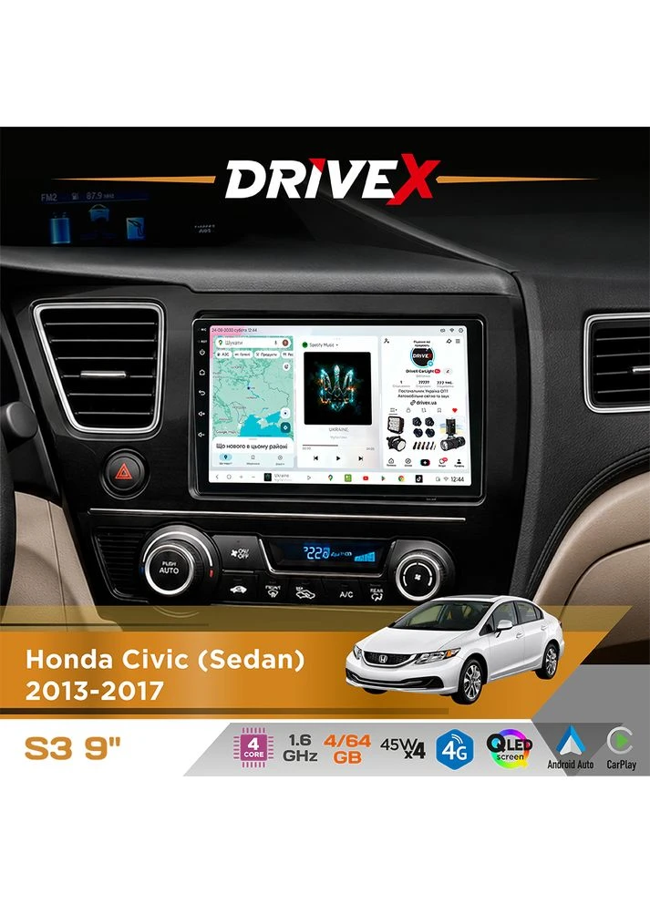 Штатная магнитола для Honda Civic (Sedan) 2013-2017 S3 QLED 9" Android 8-ядерный 1.6ГГц 4x64Гб SIM-карта 3G/4G 7388 4x45W ASP DriveX (401892416)