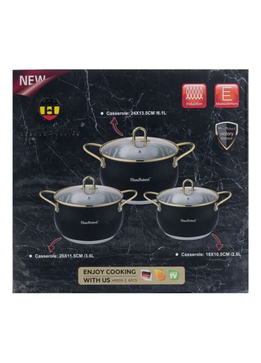 Набор кастрюль из нержавеющей стали 2,6 л - 3,6 л - 6,1 л с стеклянными крышками HP33525B (A-032750) Haus Roland (342759040)