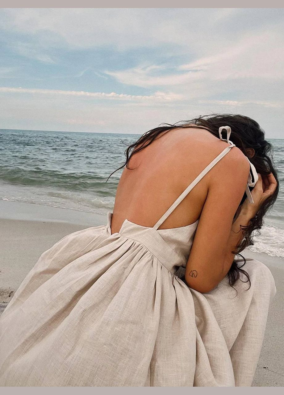 Бежевое кэжуал легкое платье из льна с пышной юбкой Adelante однотонное