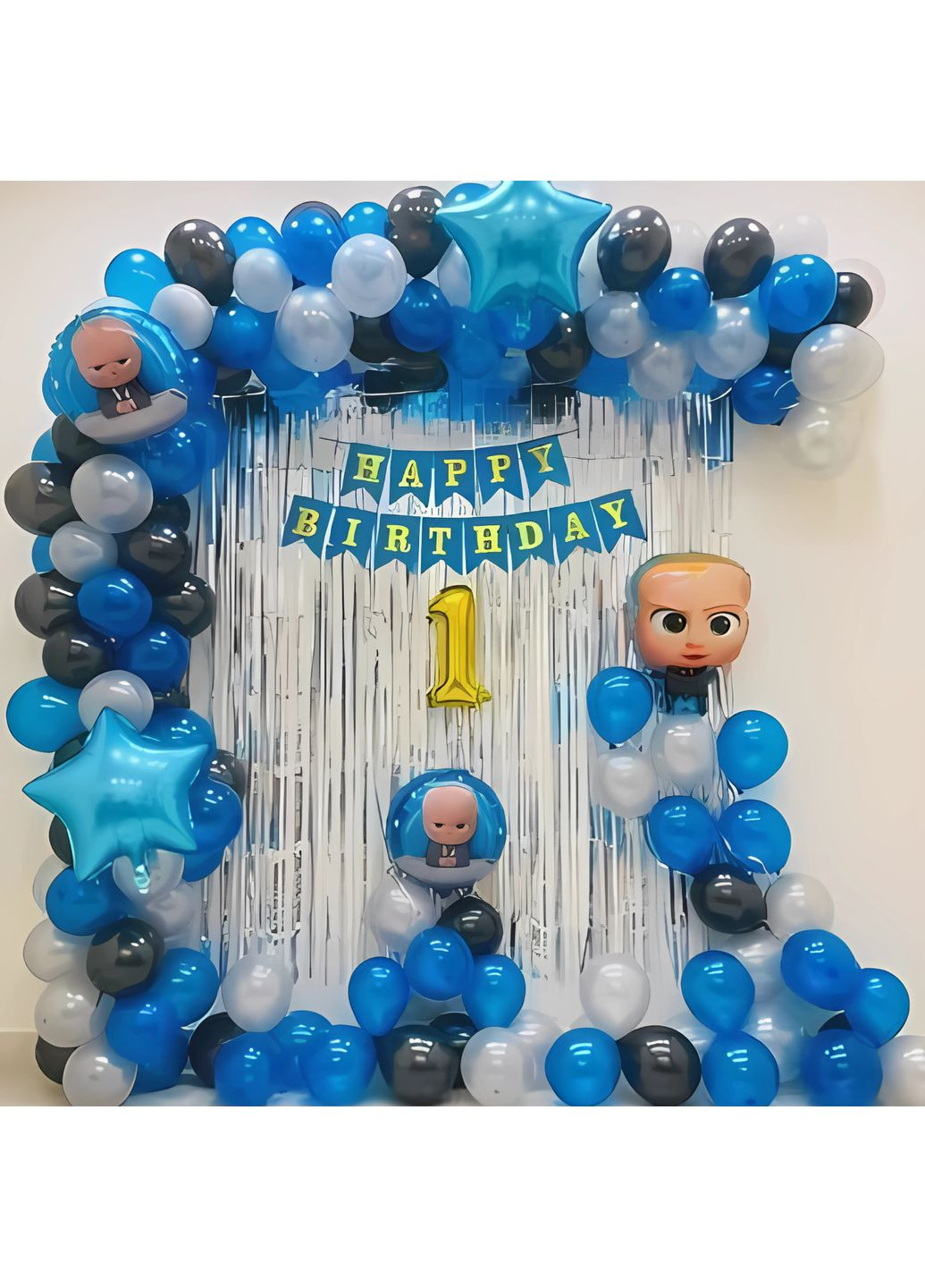 Набір 100 куль для фотозони Перший день народження Бебі Боса з цифрою 40 см на вибір і прапорцями Синій і чорний No Brand (360559938)