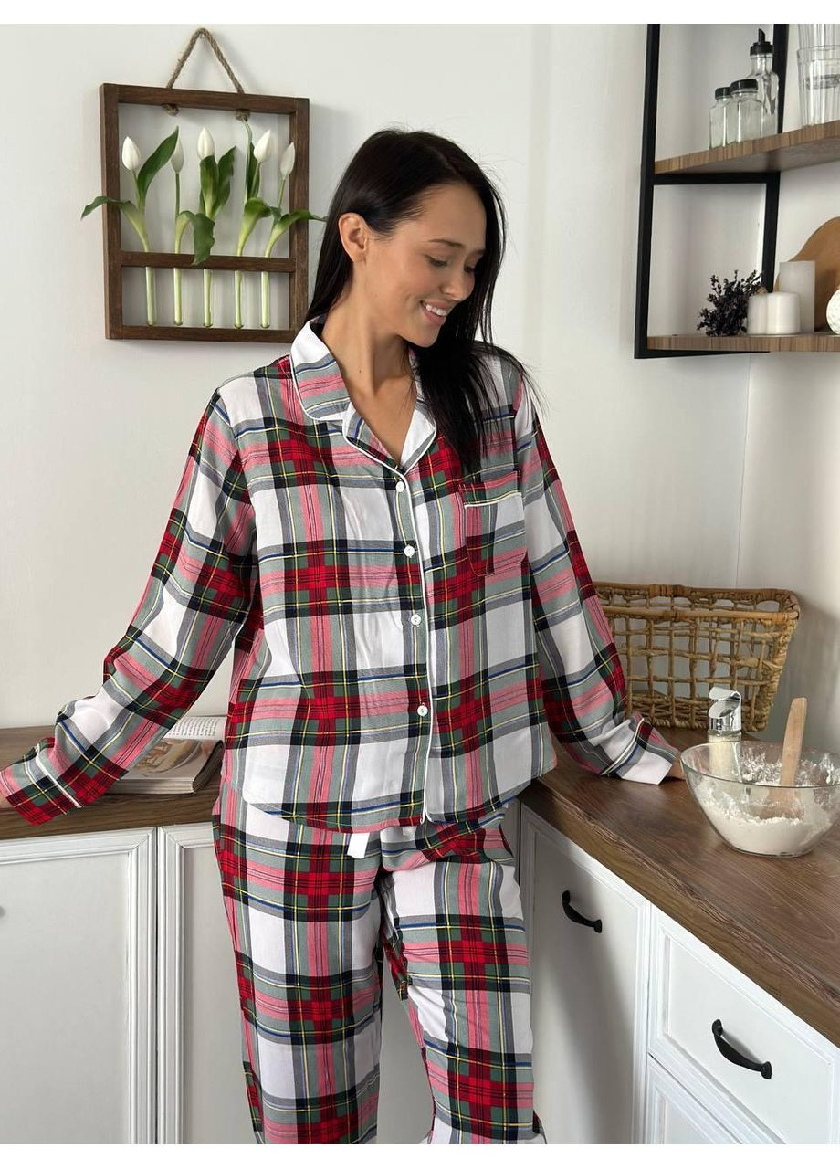 Комбінована жіноча піжама з віскози у клітинку / жіноча піжама віскозна з довгим рукавом / жіноча піжама у клітинку з віскозної тканини No Brand