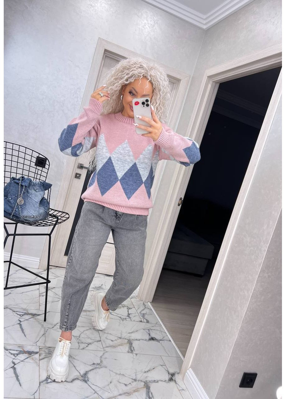 Пудровый демисезонный вязаный женский свитер с низким горлом 00367 No Brand